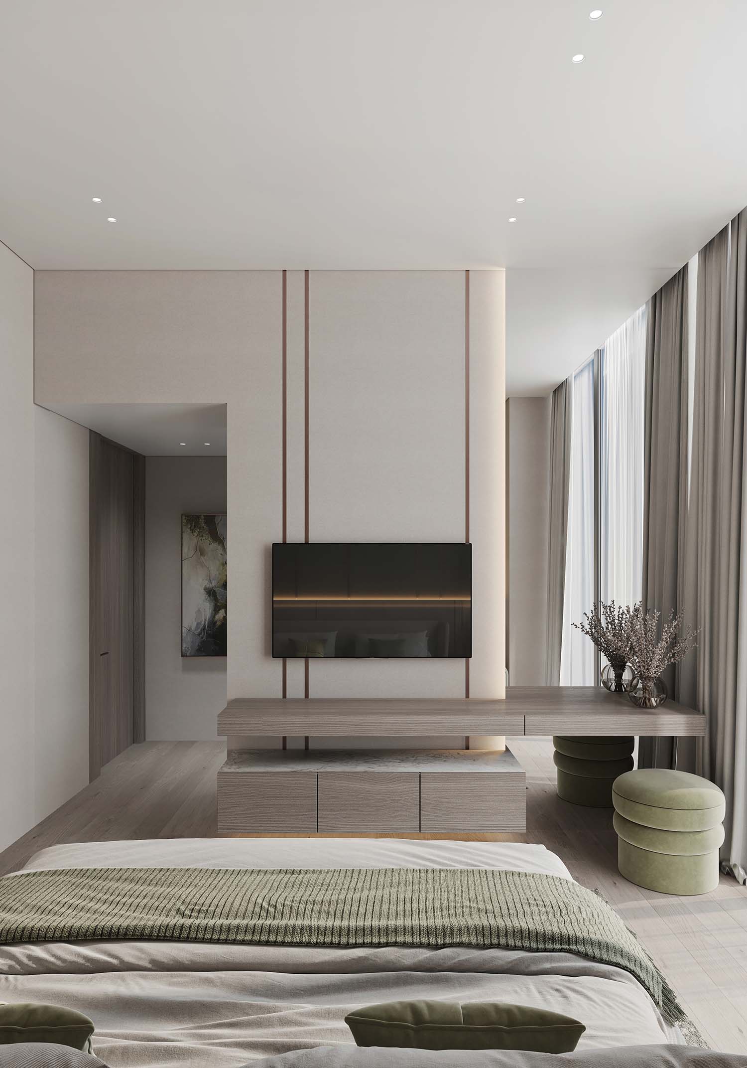 Cove By Imtiaz A modern bedroom with a green bedspread, minimalistic furniture, a TV mounted on the wall, and large windows.